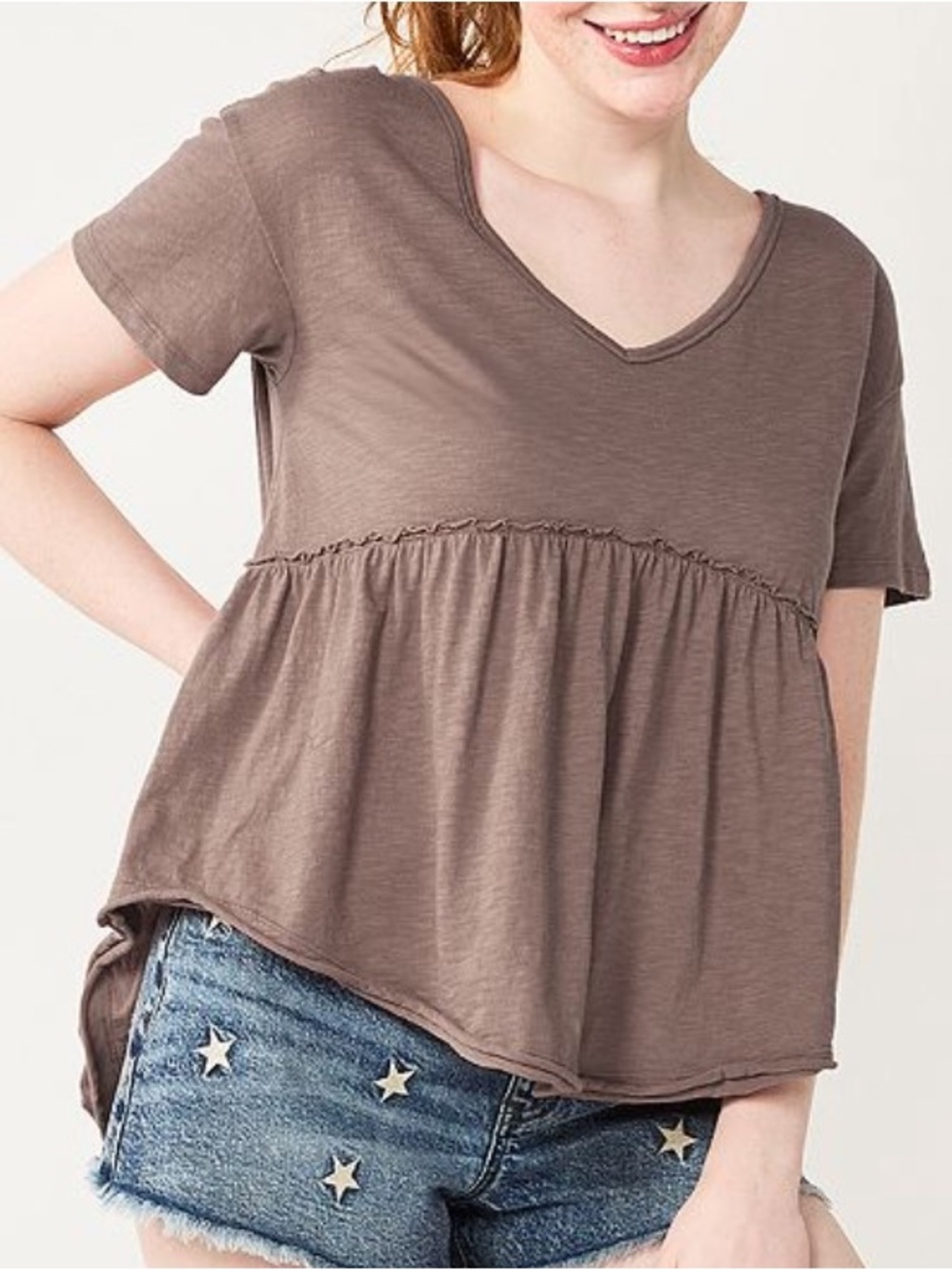 #04 SO Khaki Brown Short Sleeve Tiered Peplum Tie Back Slubbed Jersey Top Medium